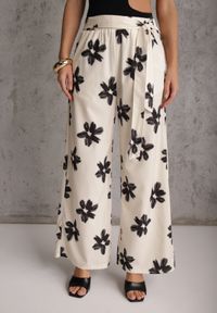 Renee - Czarno-Kremowe Szerokie Spodnie High Waist z Kwiatowym Printem i Wiązanym Paskiem Oramare. Okazja: na co dzień. Stan: podwyższony. Kolor: czarny. Długość: krótkie. Wzór: nadruk, kwiaty. Styl: boho, casual #7