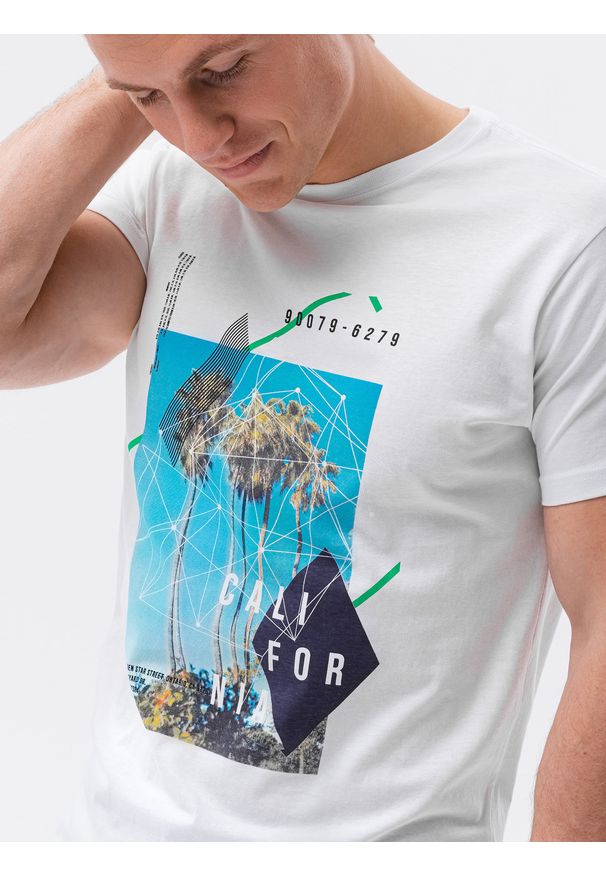 Ombre Clothing - T-shirt męski z nadrukiem S1434 V-14A - biały - XXL. Kolor: biały. Materiał: bawełna. Wzór: nadruk. Styl: klasyczny