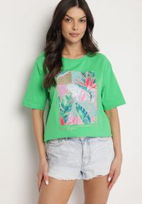 Born2be - Zielony Bawełniany T-shirt z Ozdobnym Nadrukiem Delmari. Okazja: na co dzień, na spacer. Kolor: zielony. Materiał: bawełna. Wzór: nadruk. Styl: klasyczny, casual