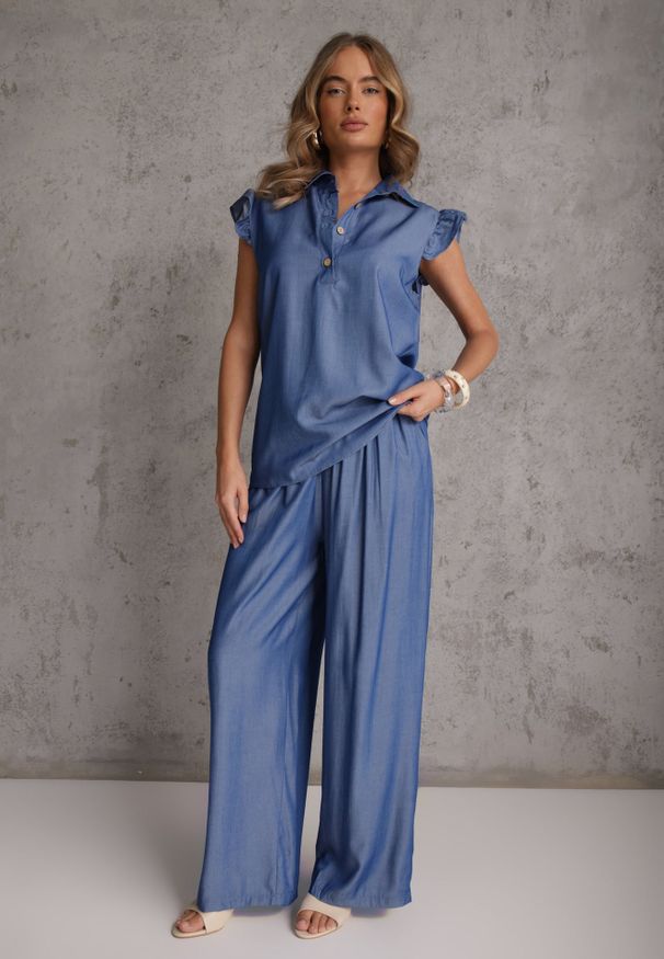 Renee - Niebieski Komplet z Wiskozą Bluzka z Kołnierzem i Spodnie Wide Leg Naunne. Kolor: niebieski. Materiał: wiskoza