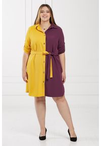 Moda Size Plus Iwanek - Wyjątkowa dwukolorowa sukienka Cindy Fioletowo-żółta rękaw 3/4 PLUS SIZE. Okazja: na co dzień, na spacer. Kolekcja: plus size. Kolor: fioletowy, wielokolorowy, żółty. Materiał: tkanina, poliester, elastan. Typ sukienki: dla puszystych. Styl: casual, elegancki #1
