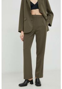 Samsoe & Samsoe - Samsoe Samsoe spodnie damskie kolor zielony proste high waist. Okazja: na co dzień. Stan: podwyższony. Kolor: zielony. Materiał: tkanina, poliester. Styl: casual