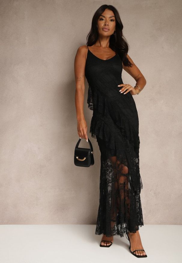 Renee - Czarna Koronkowa Sukienka na Ramiączkach Ozdobiona Falbankami Silurelle. Okazja: na co dzień. Typ kołnierza: kołnierz z falbankami. Kolor: czarny. Wzór: aplikacja. Typ sukienki: proste. Materiał: koronka. Długość rękawa: na ramiączkach. Sezon: lato. Styl: casual