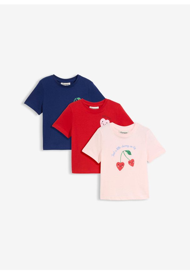bonprix - T-shirt z czystej bawełny organicznej (3 szt.). Okazja: na co dzień. Kolor: różowy. Materiał: bawełna. Długość rękawa: krótki rękaw. Długość: krótkie. Wzór: nadruk, kolorowy. Styl: casual