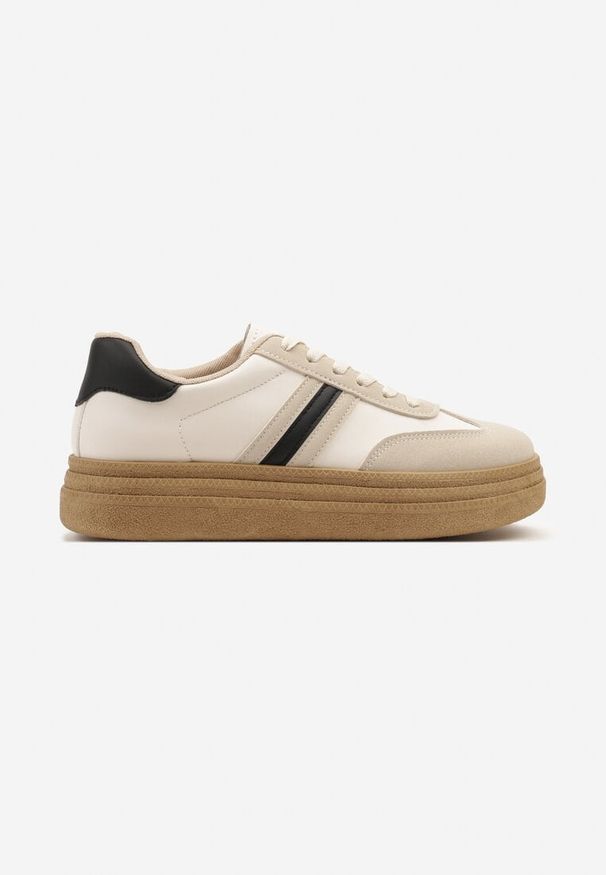 Born2be - Beżowo-Czarne Sneakersy na Platformie w Stylu Kultowych Tenisówek Ozdobione Wzorem w Panterkę Gonoriel. Okazja: na co dzień. Kolor: beżowy. Materiał: jeans. Wzór: motyw zwierzęcy, aplikacja. Obcas: na platformie