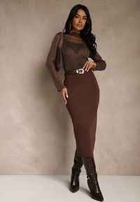 Renee - Brązowa Spódnica o Ołówkowym Kroju z Wiskozą z Paskiem i Rozcięciem Saweda. Okazja: na co dzień. Kolor: brązowy. Materiał: wiskoza. Styl: casual, elegancki #1