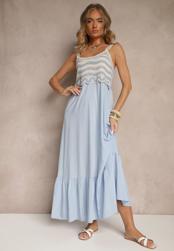 Renee - Niebieska Wiskozowa Sukienka z Haftami na Ramiączkach o Rozkloszowanym Kroju Efralisse. Okazja: na spacer, na co dzień, na imprezę. Kolor: niebieski. Materiał: wiskoza. Długość rękawa: na ramiączkach. Wzór: haft. Sezon: lato. Typ sukienki: rozkloszowane, proste. Styl: casual