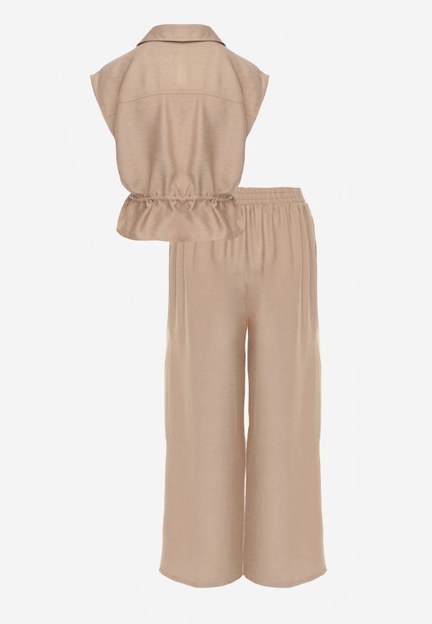 Born2be - Beżowy Wiskozowy Komplet w Stylu Safari Spodnie i Bluzka na Suwak z Wiązaniem Iphisei. Kolor: beżowy. Materiał: wiskoza
