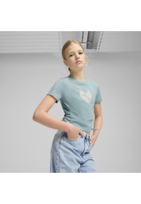 Puma - Młodzieżowa koszulka FLAMING LOVE z węzłem PUMA Modern Mint Green. Kolor: zielony. Materiał: guma, prążkowany. Wzór: nadruk. Sport: joga i pilates