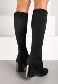 Born2be - Czarne Kozaki na Obcasie ze Skarpetową Cholewką Innoriellea. Okazja: na spotkanie biznesowe, na co dzień. Kolor: czarny. Materiał: jeans, dzianina. Szerokość cholewki: normalna. Sezon: zima. Obcas: na obcasie. Styl: biznesowy, casual, elegancki. Wysokość obcasa: średni #3