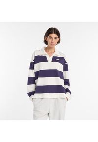Koszulka damska New Balance WT53522BOY – granatowa. Kolor: beżowy. Materiał: bawełna, materiał. Długość rękawa: długi rękaw. Wzór: paski #1