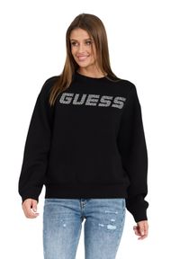 Guess - GUESS Czarna damska bluza z cyrkoniami Cecilia. Typ kołnierza: bez kaptura. Kolor: czarny. Materiał: elastan, wiskoza, materiał, poliamid. Długość rękawa: długi rękaw. Długość: długie. Wzór: aplikacja. Styl: elegancki