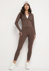 Born2be - Brązowy Komplet Sportowy Bluza z Wycięciem na Kciuk i Legginsy Redinelle. Kolor: brązowy