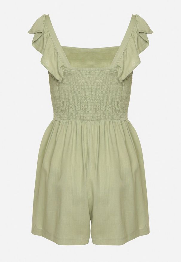 Born2be - Jasnozielony Kombinezon Bawełniany na Ramiączkach z Falbanką i Krótkimi Nogawkami Liadia. Kolor: zielony. Materiał: bawełna. Długość rękawa: na ramiączkach. Długość: krótkie. Styl: klasyczny