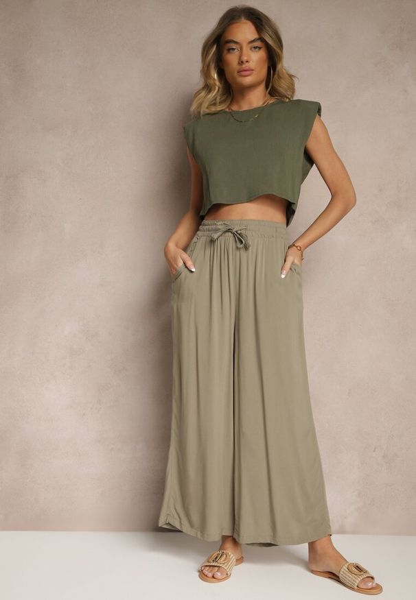 Renee - Ciemnozielone Szerokie Spodnie z Wiskozy ze Sznurkiem Natisetia. Okazja: na co dzień. Kolor: zielony. Materiał: wiskoza. Styl: casual, elegancki
