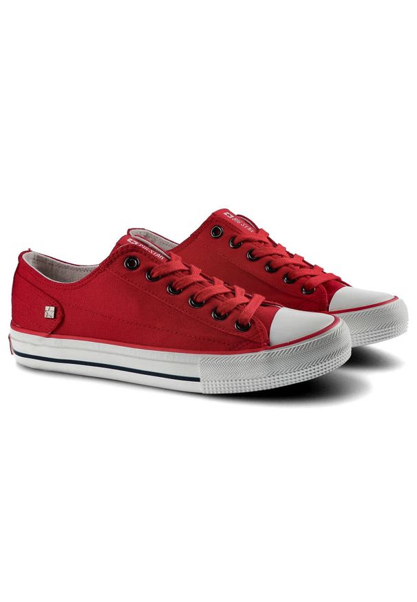 Big-Star - Czerwone Trampki Big Star Damskie Sznurowane Buty. Okazja: na spacer, na uczelnię, do pracy, na co dzień. Kolor: czerwony. Materiał: jeans, materiał, guma. Szerokość cholewki: normalna. Wzór: napisy. Styl: casual, sportowy, klasyczny