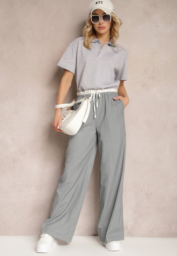 Renee - Szare Materiałowe Spodnie z Szerokimi Nogawkami High Waist z Gumką w Talii Comina. Okazja: na co dzień. Stan: podwyższony. Kolor: szary. Materiał: materiał. Styl: casual, elegancki