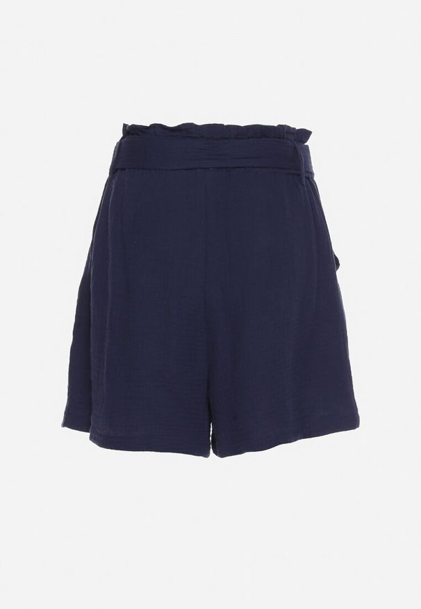 Born2be - Granatowe Szorty z Bawełny z Gumką w Pasie i Materiałowym Paskiem Fioara. Okazja: na co dzień, na spacer. Kolor: niebieski. Materiał: bawełna, materiał. Długość: krótkie. Sezon: lato. Styl: casual, elegancki