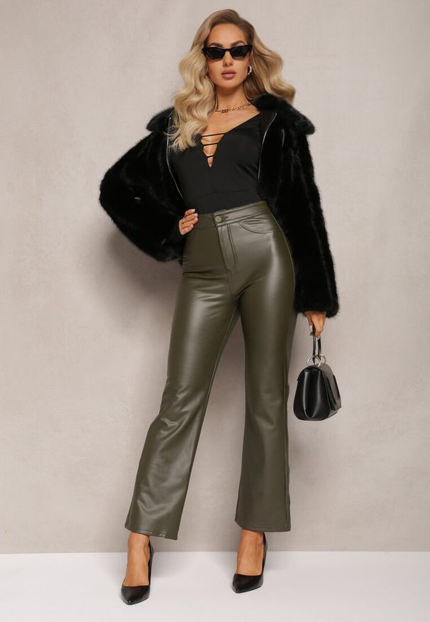 Renee - Zielone Szerokie Spodnie z Ekoskóry High Waist Dodamani. Stan: podwyższony. Kolor: zielony. Materiał: skóra