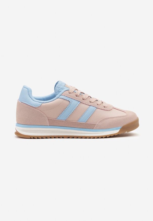Born2be - Różowo-Niebieskie Sneakersy Ozdobione Paskami Eranelia. Okazja: na co dzień. Zapięcie: pasek. Kolor: różowy. Materiał: jeans. Wzór: aplikacja