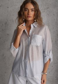 Renee - Niebieska Prześwitująca Koszula z Cyrkoniami Arialle. Okazja: na co dzień. Kolor: niebieski. Materiał: jeans. Styl: casual #3