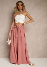 Renee - Ciemnoróżowe Spodnie z Bawełną o Szerokim Kroju High Waist z Paskiem Iveleldi. Stan: podwyższony. Kolor: różowy. Materiał: bawełna. Styl: elegancki #5