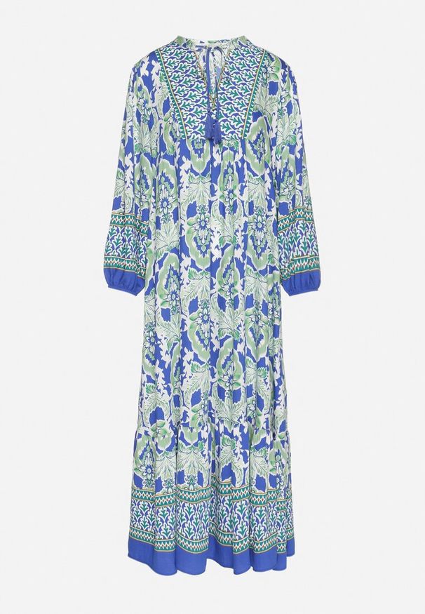 Born2be - Niebiesko-Zielona Sukienka o Rozkloszowanym Kroju z Wiązaniem z Frędzlami w Etniczny Wzór Ridalea. Okazja: na co dzień. Typ kołnierza: dekolt w serek. Kolor: niebieski. Materiał: skóra. Długość rękawa: długi rękaw. Styl: casual, elegancki, boho