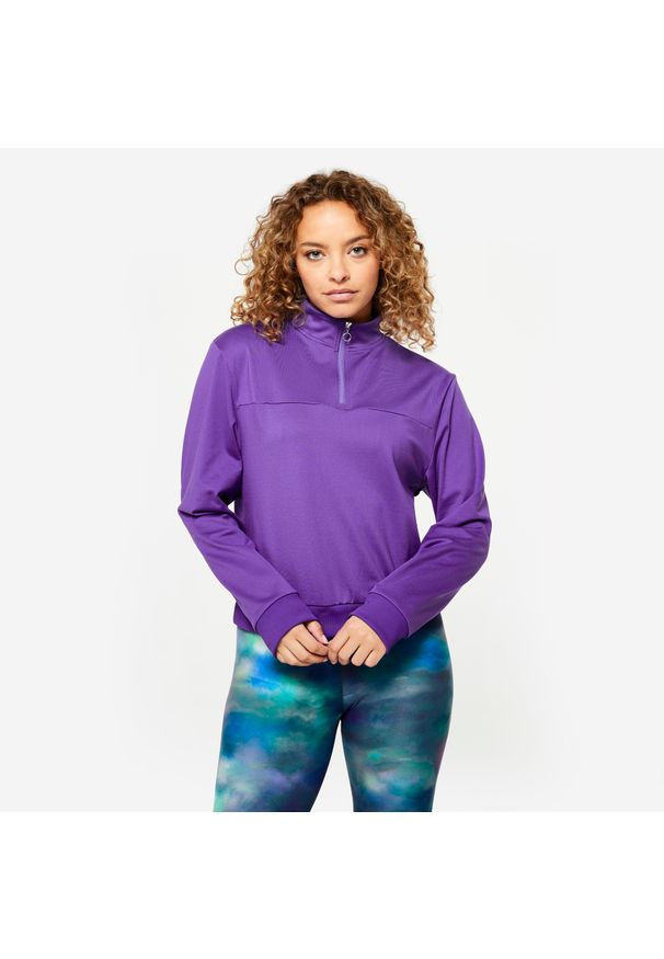 DOMYOS - Bluza damska Domyos fitness. Kolor: fioletowy. Materiał: elastan, tkanina, materiał, poliester, prążkowany. Długość: krótkie. Sport: fitness