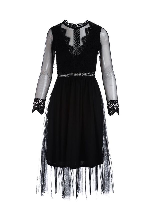 Born2be - Czarna Sukienka Describi. Kolor: czarny. Materiał: tiul, koronka. Długość rękawa: długi rękaw. Wzór: aplikacja, koronka. Styl: elegancki, wizytowy. Długość: midi