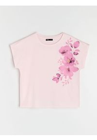 Sinsay - Bawełniana koszulka z krótkim rękawem i motywem kwiatowym - różowy. Kolor: różowy. Materiał: bawełna. Długość rękawa: krótki rękaw. Długość: krótkie. Wzór: kwiaty #1