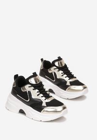 Renee - Czarne Sneakersy Sznurowane z Metalicznymi Wstawkami Gearis. Wysokość cholewki: przed kostkę. Kolor: czarny. Materiał: materiał. Szerokość cholewki: normalna. Wzór: aplikacja #2