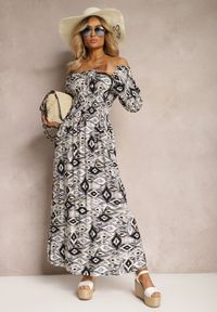 Renee - Beżowo-Czarna Wiskozowa Sukienka Boho z Gumką w Talii o Rozkloszowanym Kroju Kiorina. Kolor: beżowy. Materiał: wiskoza. Styl: boho #1