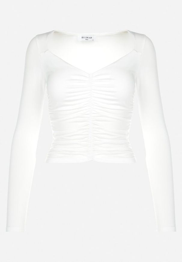 Born2be - Biała Bluzka z Marszczeniem i Długim Rękawem Naeramia. Kolor: biały. Materiał: tkanina, jeans, wiskoza. Długość rękawa: długi rękaw. Długość: długie