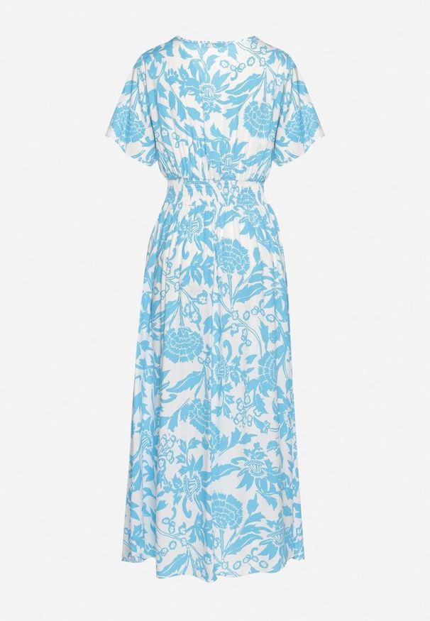 Born2be - Jasnoniebieska Rozkloszowana Sukienka z Kopertowym Dekoltem i Elastyczną Gumką w Talii w Kwiaty Aglefia. Okazja: na co dzień, na imprezę. Typ kołnierza: dekolt kopertowy. Kolor: niebieski. Materiał: materiał. Długość rękawa: krótki rękaw. Wzór: kwiaty. Typ sukienki: kopertowe. Styl: casual, elegancki, klasyczny