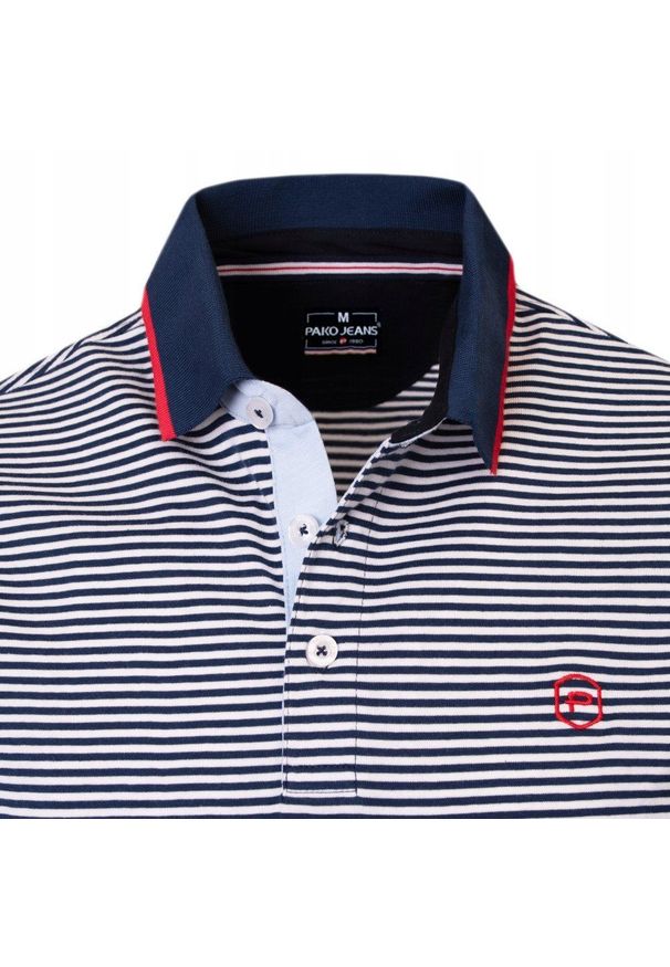 Męska Koszulka Polo - Pako Jeans - Granatowy Prążek. Okazja: na co dzień. Typ kołnierza: polo. Kolor: niebieski. Materiał: bawełna. Wzór: paski, prążki. Styl: casual