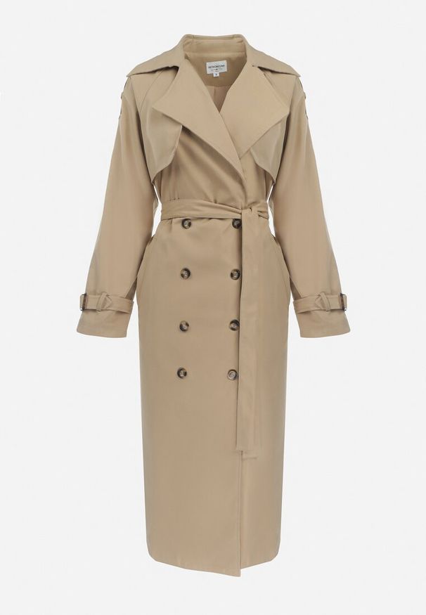 Born2be - Beżowy Długi Płaszcz Trencz Dwurzędowy z Paskiem w Talii Cadenite. Typ kołnierza: kolnierz wykładany. Kolor: beżowy. Długość: długie