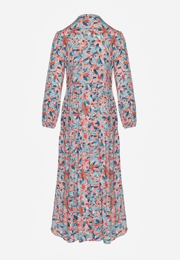 Renee - Różowo-Niebieska Sukienka z Rozcięciem i Kwiatowym Wzorem Phaelerine. Kolor: różowy. Długość rękawa: długi rękaw. Wzór: kwiaty. Styl: klasyczny. Długość: maxi