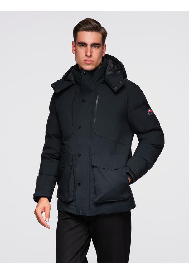 Ombre Clothing - Zimowa kurtka męska z odpinanym kapturem z wodoodpornego materiału - czarna V3 - Rozmiar: M. Okazja: na co dzień. Kolor: czarny. Materiał: materiał. Sezon: zima. Styl: casual, sportowy