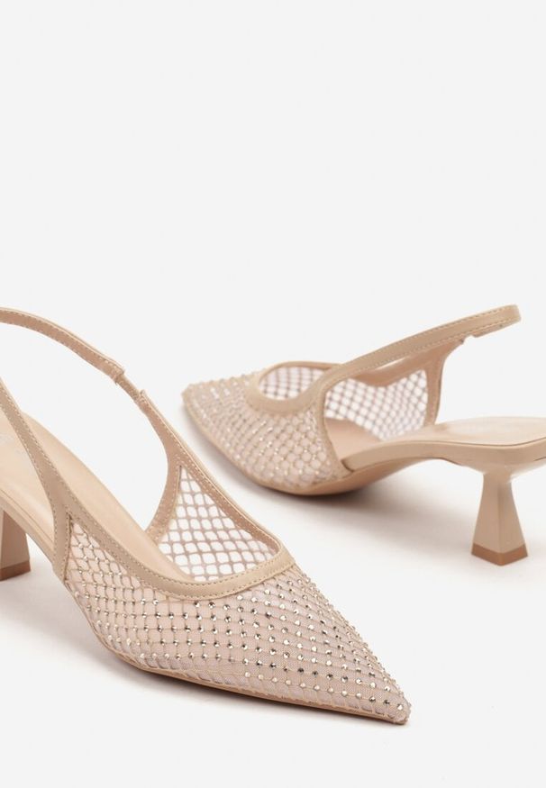 Renee - Beżowe Sandały na Kaczuszce Slingback z Siateczkową Cholewką i Cyrkoniami Ridirana. Zapięcie: sprzączka. Kolor: beżowy. Wzór: aplikacja. Sezon: lato. Obcas: na szpilce. Styl: elegancki. Wysokość obcasa: średni
