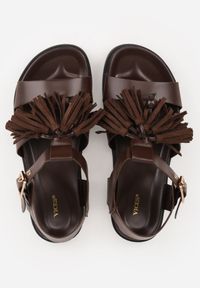 Born2be - Ciemnobrązowe Sandały w Stylu Boho Vices Zdobione Frędzlami i Koralikami Saphareisis. Okazja: na co dzień, na spacer. Zapięcie: klamry. Kolor: brązowy. Wzór: aplikacja. Sezon: lato. Styl: boho #5