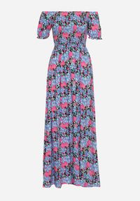 Born2be - Fioletowo-Niebieska Rozkloszowana Sukienka Typu Hiszpanka z Marszczoną Górą Jesteria. Typ kołnierza: dekolt hiszpanka. Kolor: fioletowy. Długość rękawa: krótki rękaw. Styl: wakacyjny, elegancki #2