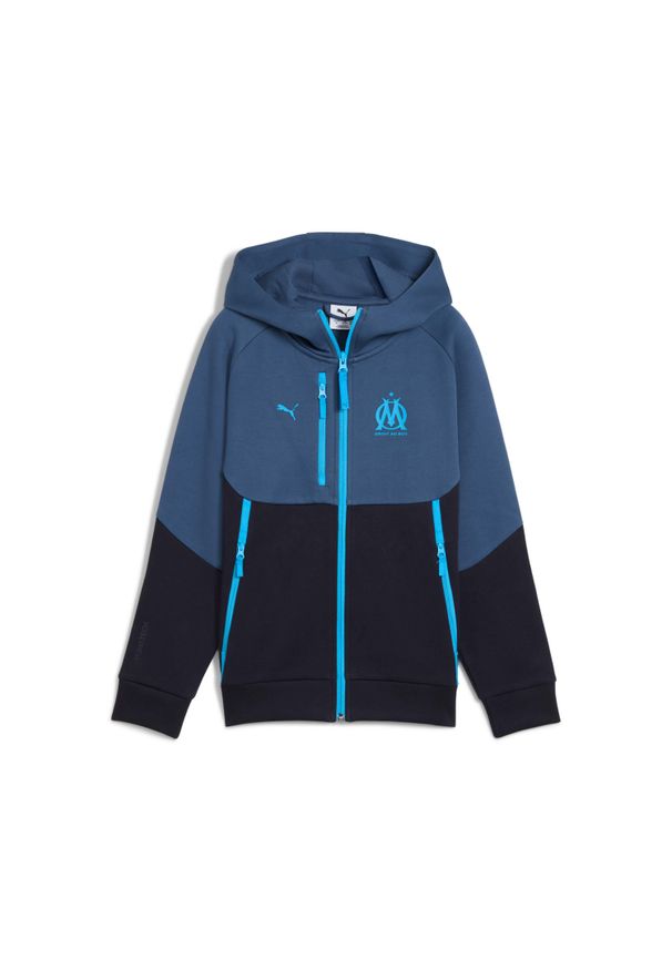 Puma - Dzieciowa bluzą z kapturem OM. Typ kołnierza: kaptur. Kolor: niebieski. Sport: piłka nożna