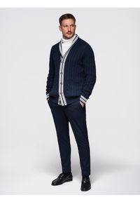 Ombre Clothing - Sweter męski kardigan z szalowym kołnierzem w stylu preppy - granatowy V4 - Rozmiar: XL. Kolor: niebieski. Materiał: prążkowany, bawełna, materiał. Wzór: ze splotem. Styl: klasyczny, elegancki #1