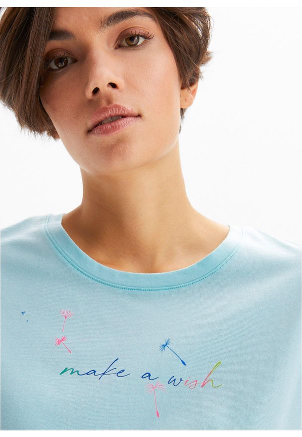 bonprix - Shirt w dmuchawce. Kolor: niebieski. Wzór: aplikacja, nadruk, kolorowy. Sezon: lato