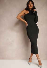 Renee - Czarna Koktajlowa Sukienka Bodycon Asymetryczna z Jednym Rękawem Lissain. Kolor: czarny. Materiał: tkanina. Sezon: zima. Typ sukienki: asymetryczne, bodycon. Styl: wizytowy