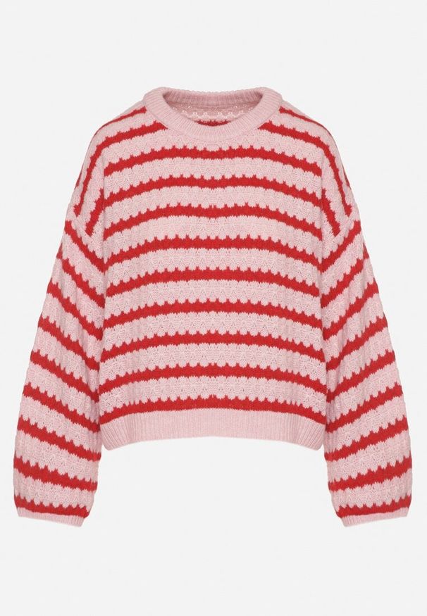 Born2be - Różowo-Czerwony Sweter Oversize z Wełną i Wiskozą o Luźnym Splocie w Paski Ternose. Okazja: na co dzień. Kolor: różowy. Materiał: wiskoza, wełna. Wzór: paski, ze splotem. Styl: casual, klasyczny