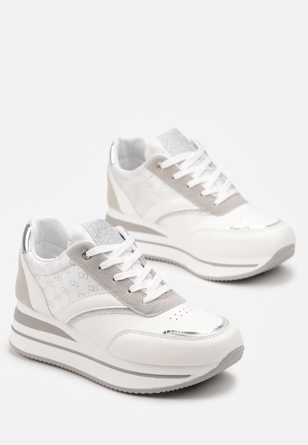 Born2be - Białe Sneakersy na Grubej Podeszwie z Brokatem Erenie. Kolor: biały