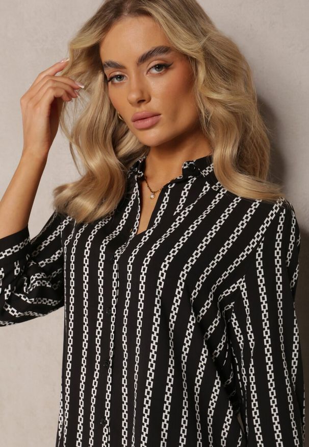 Renee - Czarna Koszula z Bawełny i Wiskozy Ozdobiona Łańcuszkowym Printem Malvera. Okazja: na co dzień. Kolor: czarny. Materiał: bawełna, wiskoza. Wzór: nadruk, aplikacja. Styl: casual