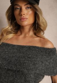 Renee - Ciemnoszary Sweter Top z Hiszpańskim Wywijanym Dekoltem z Wełną Inarose. Kolor: szary. Materiał: wełna #4