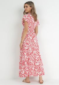 Born2be - Czerwona Rozkloszowana Sukienka Maxi z Wiskozy z Gumkami w Pasie z Guzikami Deninie. Kolor: czerwony. Materiał: wiskoza. Długość rękawa: krótki rękaw. Wzór: nadruk. Długość: maxi #4